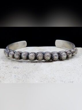 Navajo Martha Cayatenito Narrow Sterling Silver Starburst Button Cuff Bracelet